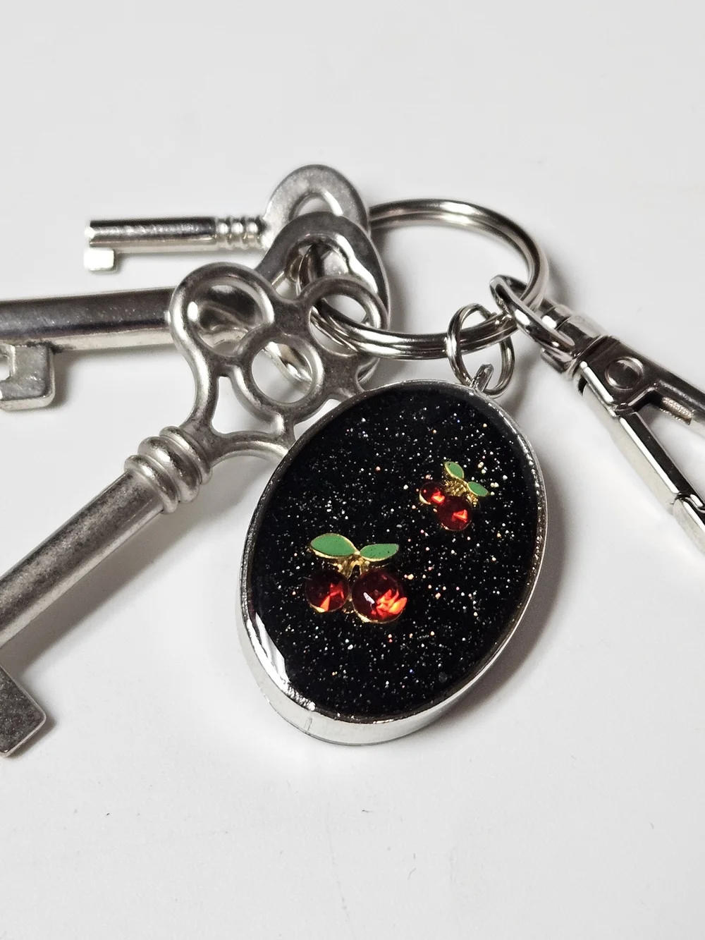 Black Glitter Oval Cherry Keychain Bag Charm